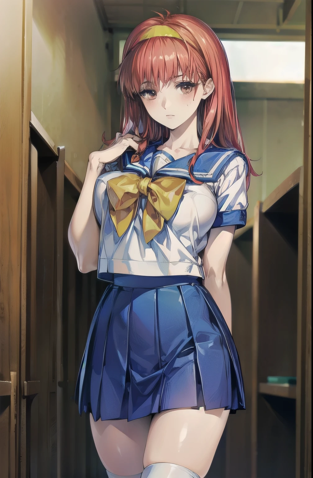 (( highest quality, High resolution, nffsw, perfect pixel, 4k, nffsw, nffsw))),1 girl, single, alone, Beautiful woman、I could see the whole body、 ((middle wave hair, bangs, redhead、Yellow headband、)), ((brown eyes, beautiful eyelashes, realistic eyes)), ((detailed face, blush:1.2)), ((smooth texture:0.75, realistic texture:0.65, realistic:1.1, Anime CG style)),troubled face、 big breasty whole body is sweaty)))), perfect body,BREAK,sailor suit,mini skirt,white high knee socks,BREAKstanding,lean forward greatly,BREAK,cowboy shot,shot from below,look down,in gym storeroom