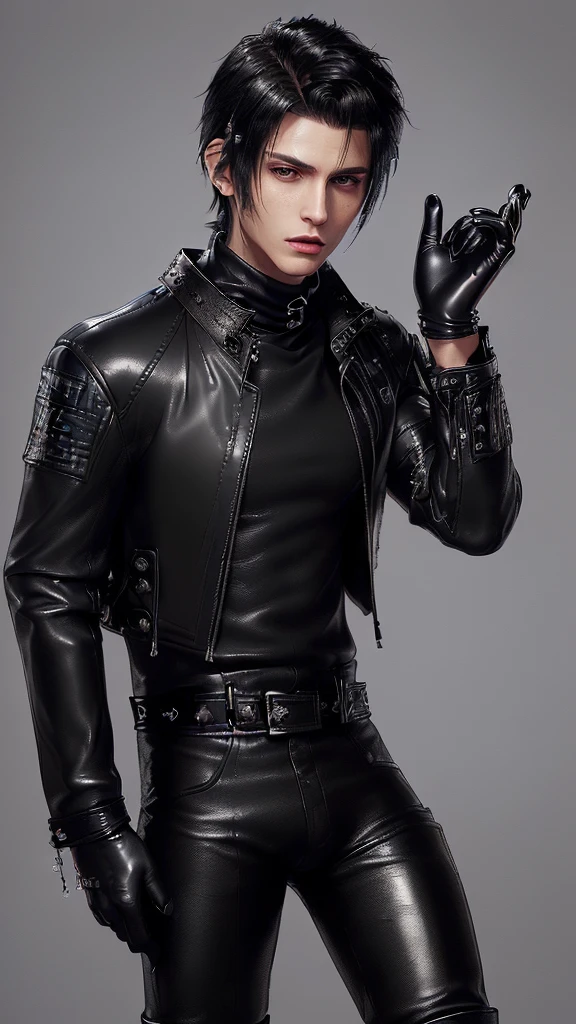 ((Final fantasy taste and reality graphics)), ((Japanese young cute and cool ikemen boy)), his age is early 20s, thin eyebrows and beady eyes, ((((he wearing black color leather very thick single-brest jacket)))),((((leather jacket is smooth luster and shiny)))), ((jacket with epaulet)), ((leather jacket close all zippers)),, ,(( jacket collar is very high length stand-up collar with belts)), , (((also wearing black color turtleneck polyester shirts))), (((tight black and leather pants))), ((((black leather tight and thin glove)))), ((black color leather knee-high raceup boots)),((show the boy whole body)), boy looks like fashion model,Do not show skin from the neck down,(((all his clothes are smooth design and very shining))),(((Avoid adding unnecessary decorations to your clothes))),(((all clothes is simple design and appearance))),(((don't wear jewelry on all clothes)))