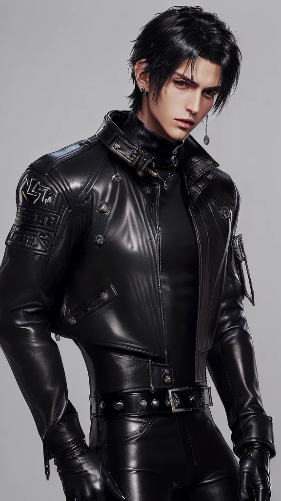 ((Final fantasy taste and reality graphics)), ((Japanese young cute and cool ikemen  boy)), his age is early 20s, thin eyebrows and beady eyes,  ((((he wearing black color leather very thick single-brest jacket)))),((((leather jacket is smooth luster and shiny)))), ((jacket with epaulet)), ((leather jacket close all zippers)),, ,(( jacket collar is very high length stand-up collar with belts)), , (((also wearing black color turtleneck polyester shirts))),  (((tight black and leather pants))), ((((black leather tight and thin glove)))), ((black color leather knee-high raceup boots)),((show the boy whole body)), boy looks like fashion model,Do not show skin from the neck down,(((all his clothes are smooth design and very shining))),(((Avoid adding unnecessary decorations to your clothes))),(((all clothes is simple design and appearance))),(((don't wear jewelry on all clothes)))