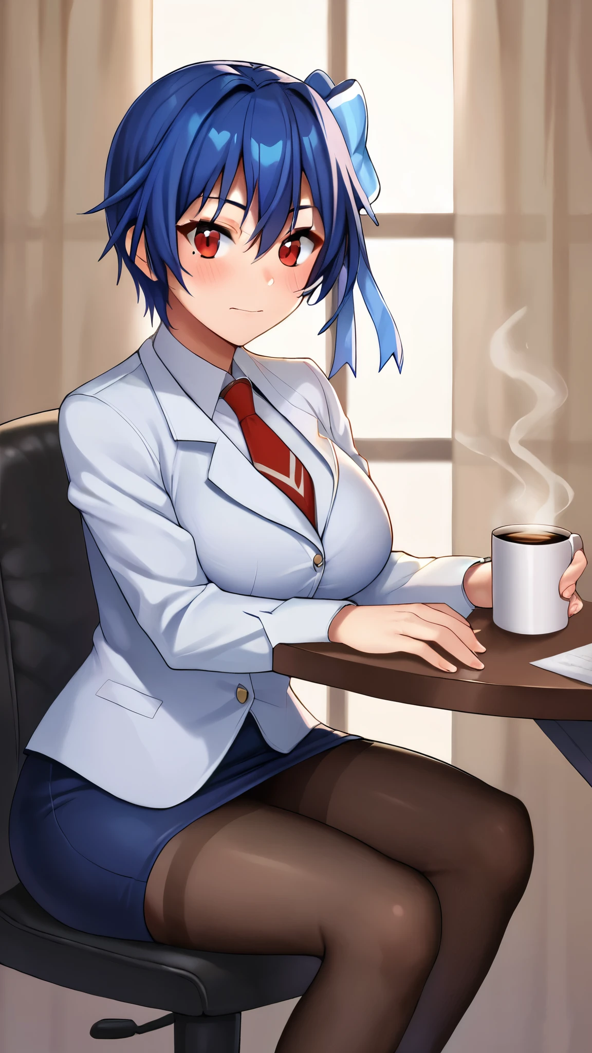 score_9, score_8_wonderful, score_7_wonderful, score_6_wonderful, sauce_anime, 1 person, solo BREAK tsugumi seishirou, Mole under the eye, Blue Hair, short hair, Hair Ribbon, business suit, Tight Skirt, Black Stockings, large breasts, blush, Office, Sit on a chair, coffee