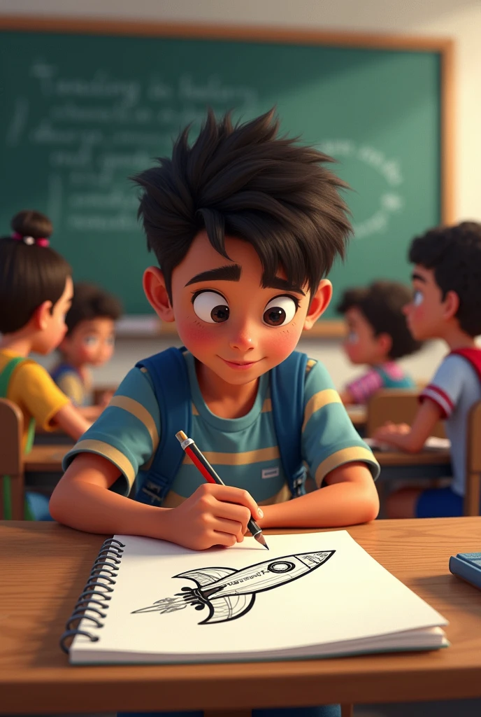 Pedro, of 14 years, is in class, distracted while drawing a rocket in his notebook instead of taking notes. The teacher is in front, explaining something on the blackboard, But Peter is completely absorbed in his drawing.. Some colleagues look at him, curious, But Peter doesn&#39;t realize it..