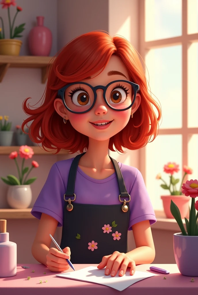 Pixar style image, light brown skinned girl with shoulder length ruby red hair, with glasses. Purple T-shirt and black apron. Manicurist 