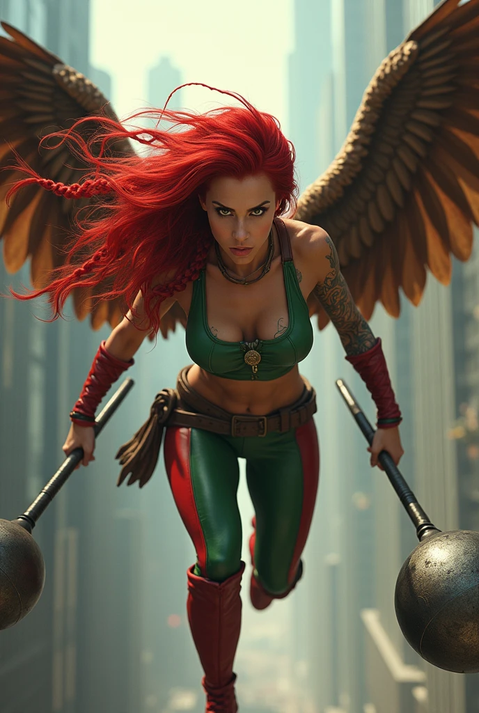 (((In extreme close-up a beautiful red-haired woman wearing a green leather top with yellow in the middle and (((Cali green leggings with red shorts or thong over the leggings))) red boots on a sheepdog Mace in a metal ball placed on the end of a cane or metal handle with rounded protuberances without spikes huge brown falcon wings that cover his entire body brown harness on his chest tattoos on one of his arms a long braid waving in the wind flying between the skyscrapers shouting on the warpath or in battle)))