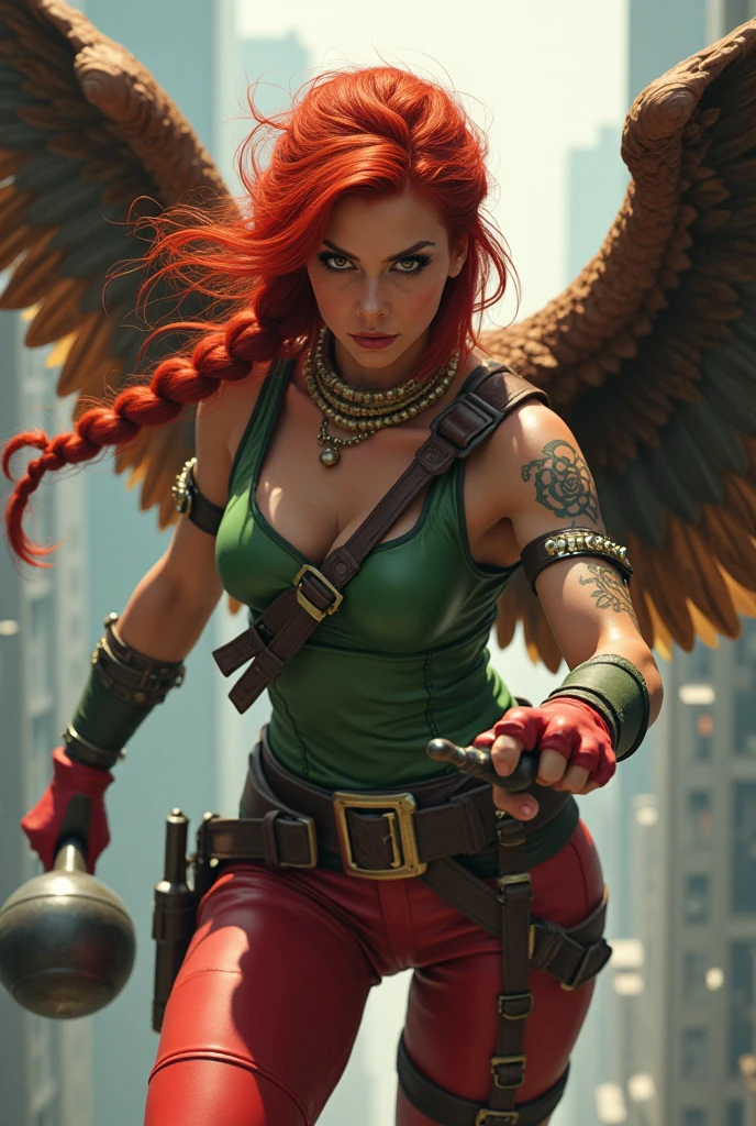 (((In extreme close-up a beautiful red-haired woman wearing a green leather top with yellow in the middle and (((Cali green leggings with red shorts or thong over the leggings))) red boots on a sheepdog Mace in a metal ball placed on the end of a cane or metal handle with rounded protuberances without spikes huge brown falcon wings that cover his entire body brown harness on his chest tattoos on one of his arms a long braid waving in the wind flying between the skyscrapers shouting on the warpath or in battle)))