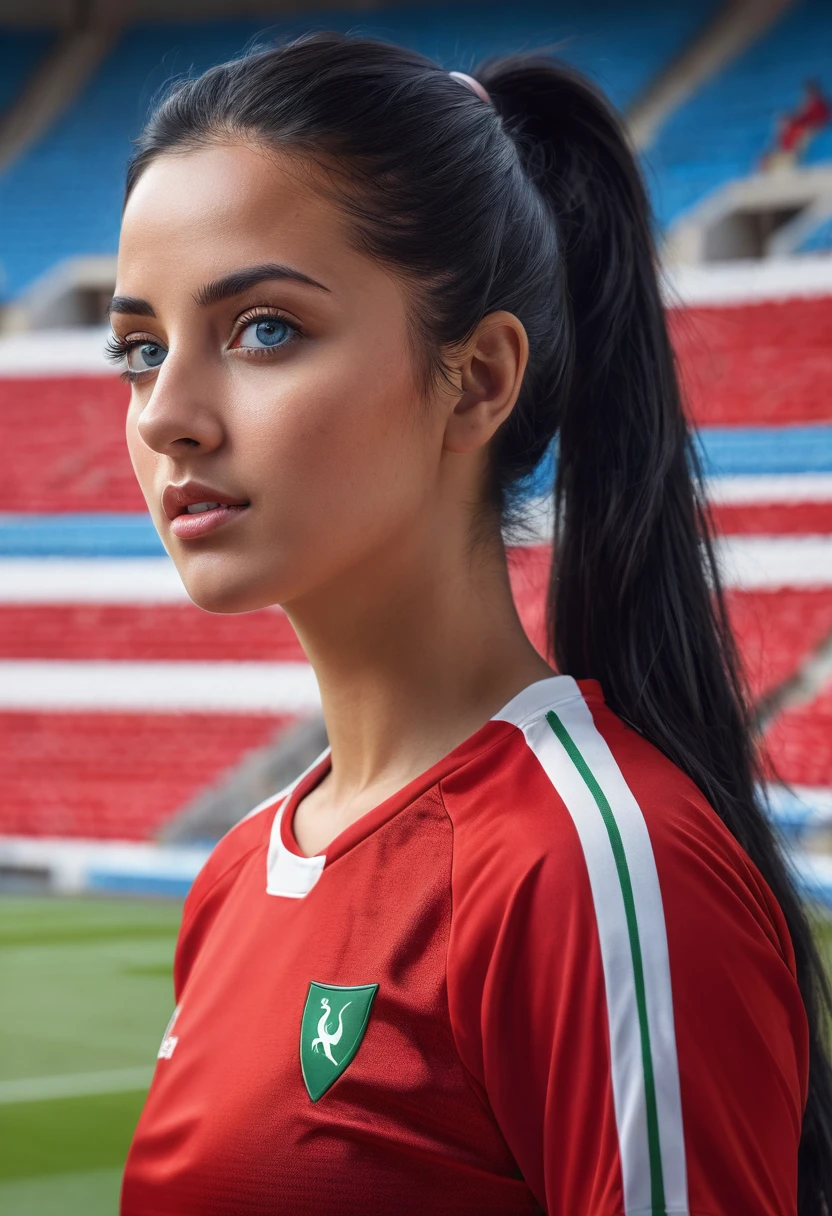 Moroccan girl, black hair in a ponytail, blue eyes, in a soccer stadium, in red sports outfit from Morocco ,(Best quality, 4k, 8k, high resolution, masterpiece:1.2), Ultra-detailed, (Realistic, photoRealistic, photo-Realistic:1.37), portraits, Vivid colors, lighting studio