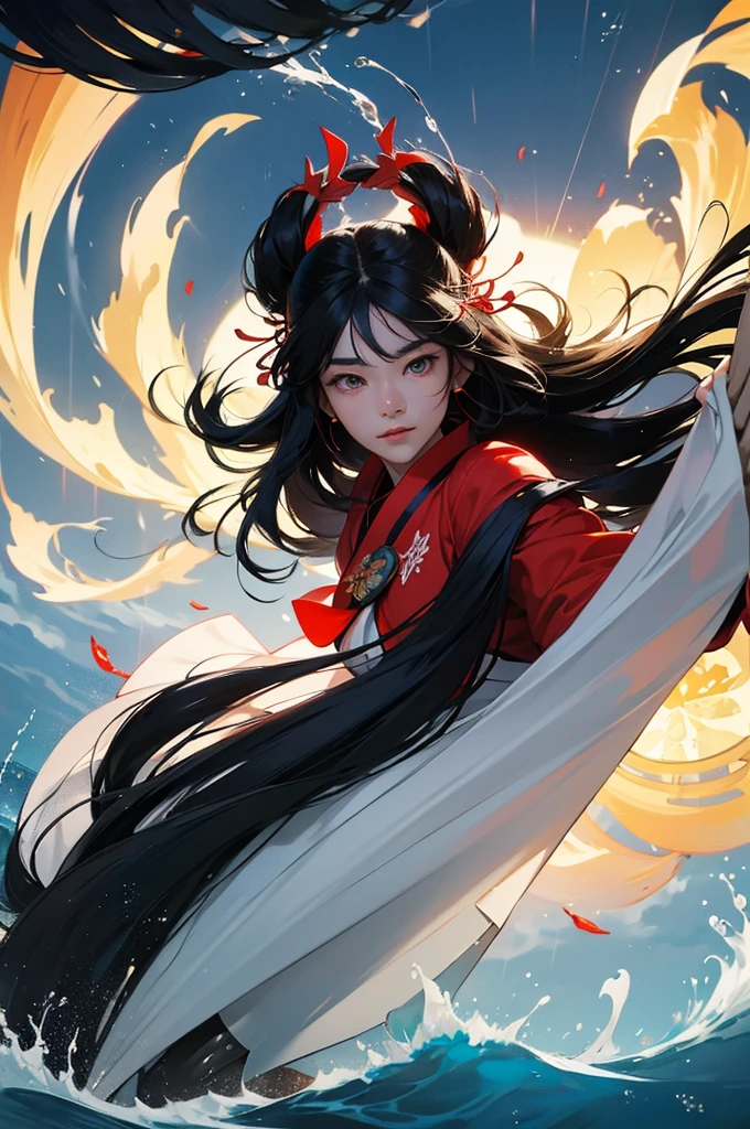 A bust-up of a beautiful black-haired shrine maiden who flies into the sky, manipulates water, and uses wind magic to blow away the rain, calling for the sun.