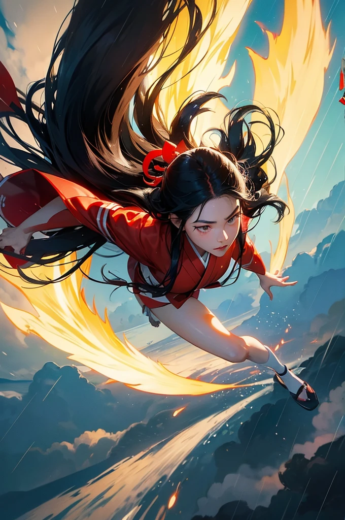 A bust-up of a beautiful black-haired shrine maiden who flies into the sky, manipulates water, and uses wind magic to blow away the rain, calling for the sun.