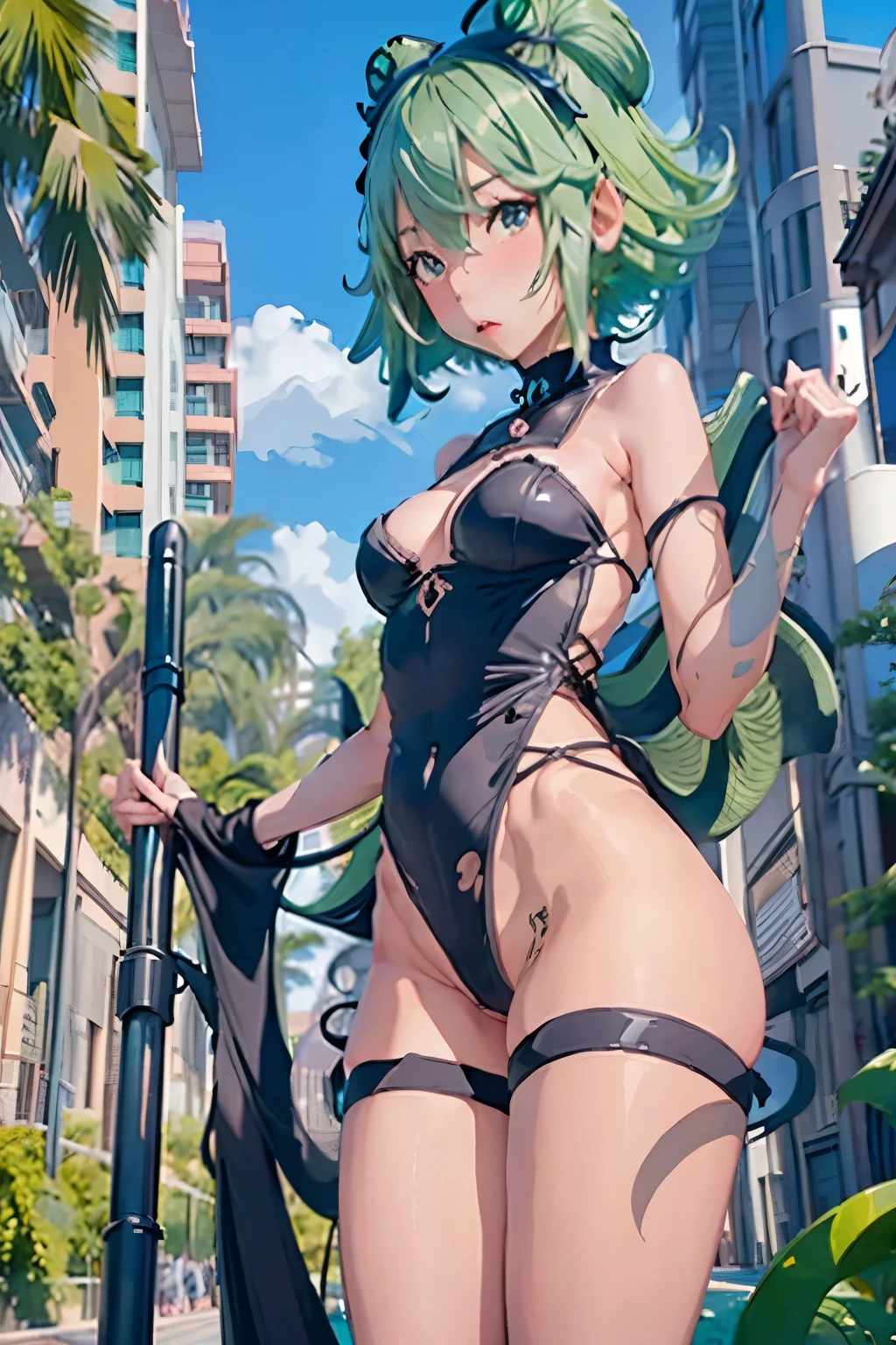 a cute yuna (cosplay of Tatsumaki, foam green hair, sexy slinky black iconic dress, high split up thighs (panties partly exposed)), she is looking annoyed while doing sexy poses, ruined city set
