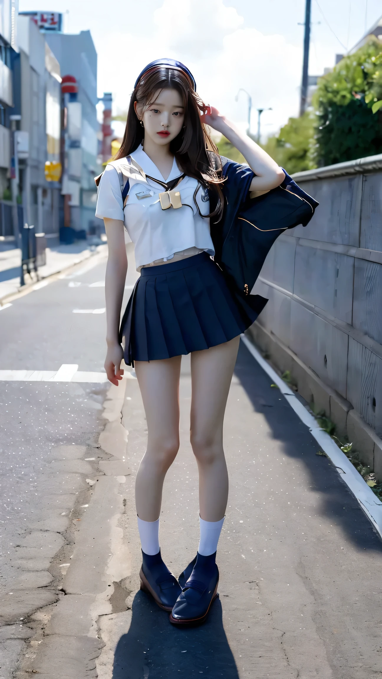 absurdes, RAW Photos, Very delicate and beautiful, masterpiece, Highest quality, Ultra-high resolution, 16K, hyperRealistic, Realistic, (((whole bodyショット:1.8)))，((Japanese high school girls in school uniforms:1.7)),((The background is a very stylish modern city)), ((It is a beautiful sidewalk that is ultra-modern and clean.)),(((whole bodyショット:1.8)))，((Checkered high school uniform short mini skirt:1.4)),((High school uniform summer short-sleeved white shirt:1.4)), ((Wear a red bow tie:1.5)),(((((Wear navy blue, very short ankle socks:1.8))))),((Wear black loafers:1.6))，(((Clothing that exposes a lot of bare skin:1.6)))，((Bare skin on feet:1.8))， ((Stand Upright:1.3)),((((Stand with your feet together:1.5)))),(Stand up straight:1.3),(Turn the whole body towards me),((((She looks just like Wonyoung from the Korean idol group IVE..:1.9))))，((Bare skin on thighs:1.8))，((Bare skin on lower legs:1.8))，(whole body :1.8),photoRealistic, photo-Realistic, Very detailed, Perfect Anatomy, Very detailed肌, Perfect figure, Very detailed CG 8k wallpaper, Erect nipples, perfect nipples, Perfect breasts, Perfect hands, Perfect Fingers,  Fair skin, Medium chest, blush, the wind is strong,Long legs，Thin legs， sexy legs,Sunny daytime,9 heads and body beauty, Fluffy hair, bangs,Green roadside trees can be seen in the background., (2 people :1.5), Small Ass，long and thin arms，Long legs, Mid-chest, Beautiful Hair,Hands down,Tight waist， friend,  smile, Happy,Medium chest,  Laughter,Black Hair, Tight waist，((Height 173cm:1.3))，Slim model body shape，(slim and muscular athletic build:1.3)，(slim but muscular legs)，(Thin thighs)，(Long thighs)，1 person,Long legs，((((Anatomically correct:1.4))))