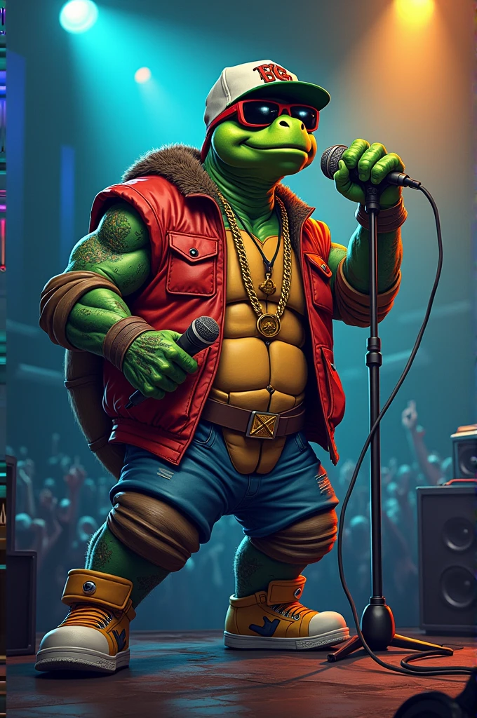 Create a drawing of a turtle dressed as a rapper with a microphone rapping 
