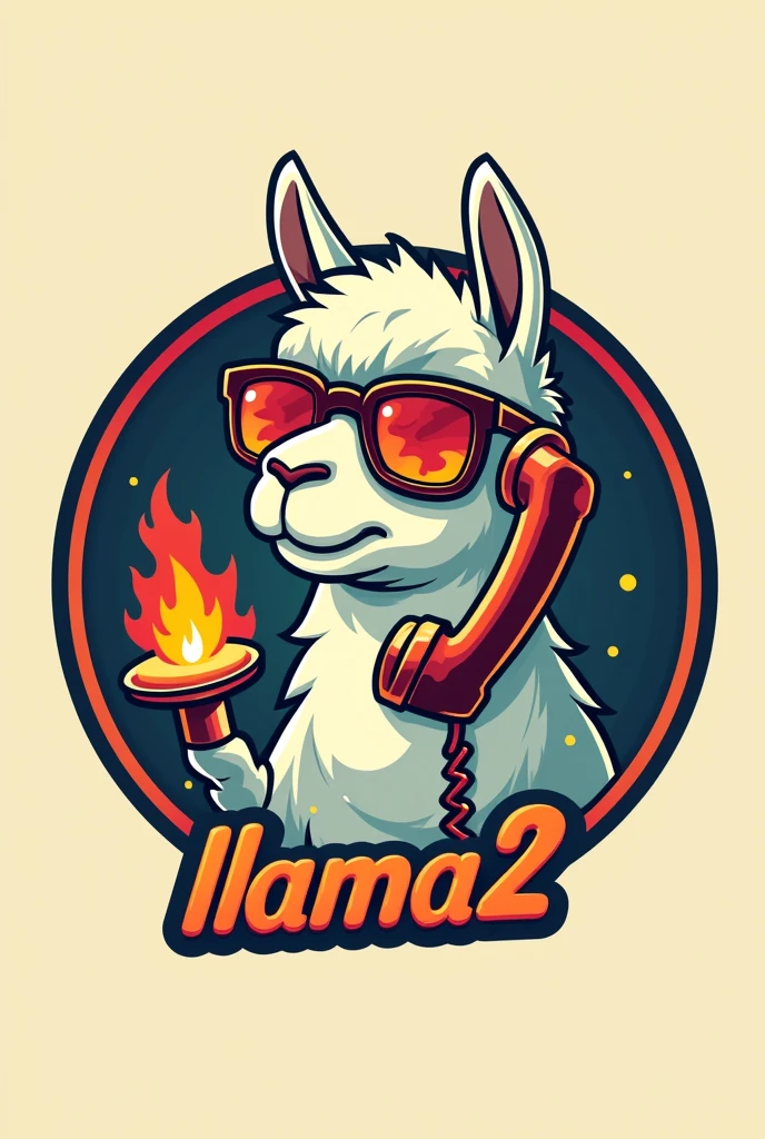 Create a logo for a group, about: a llama or alpaca (animal) with sunglasses, It is essential that there is a flame of fire in the reflection of the sunglasses, the animal, that is to say a flame, He must be talking on a vintage phone, all this within a circle, and there must be some letters that say "LLAMA2". 
