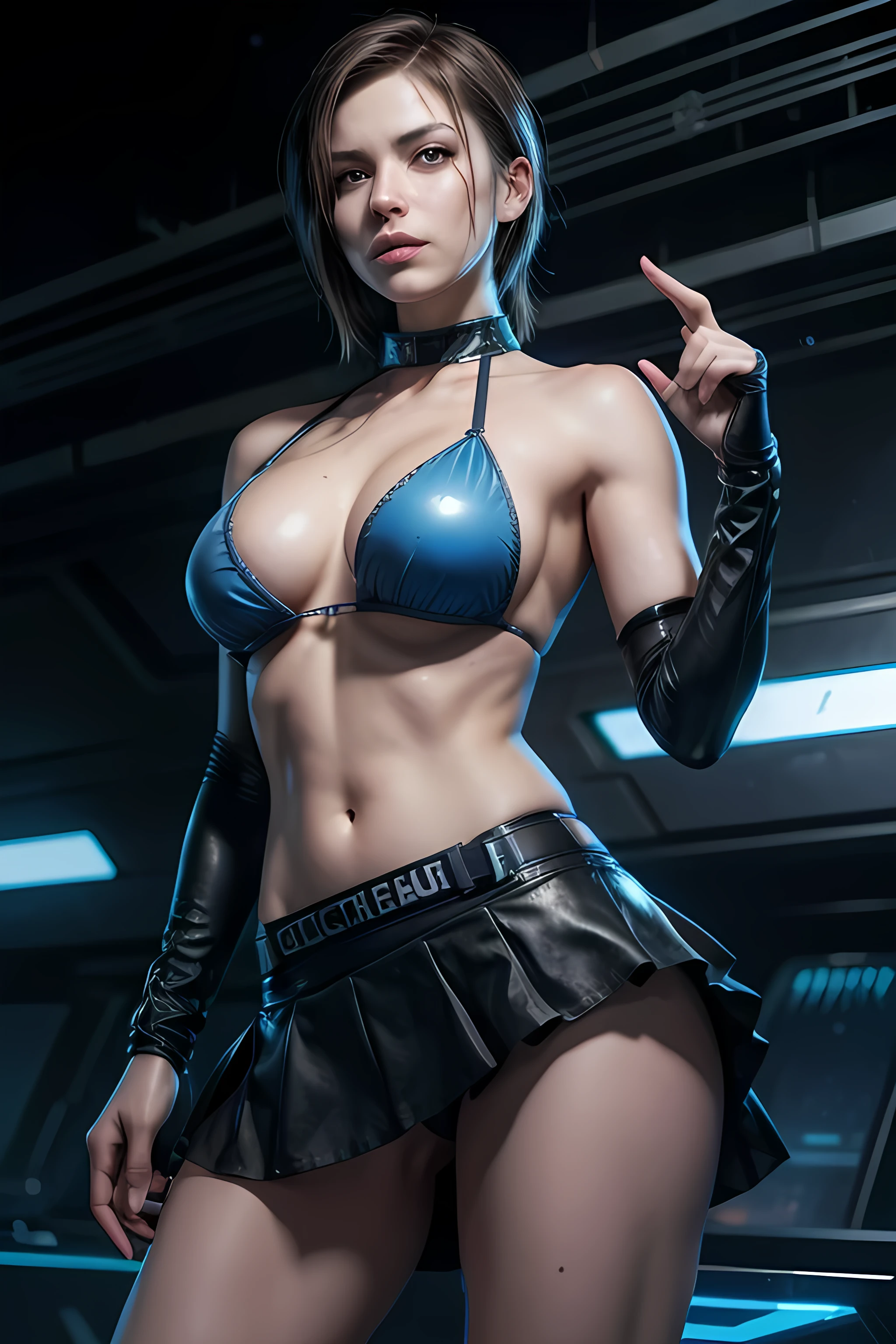 Jill Valentine , Whole body , in bikini and skirt , big breasts , cyber punk background , rain , gesture of satisfaction , detailed hair, detailed body , beautiful