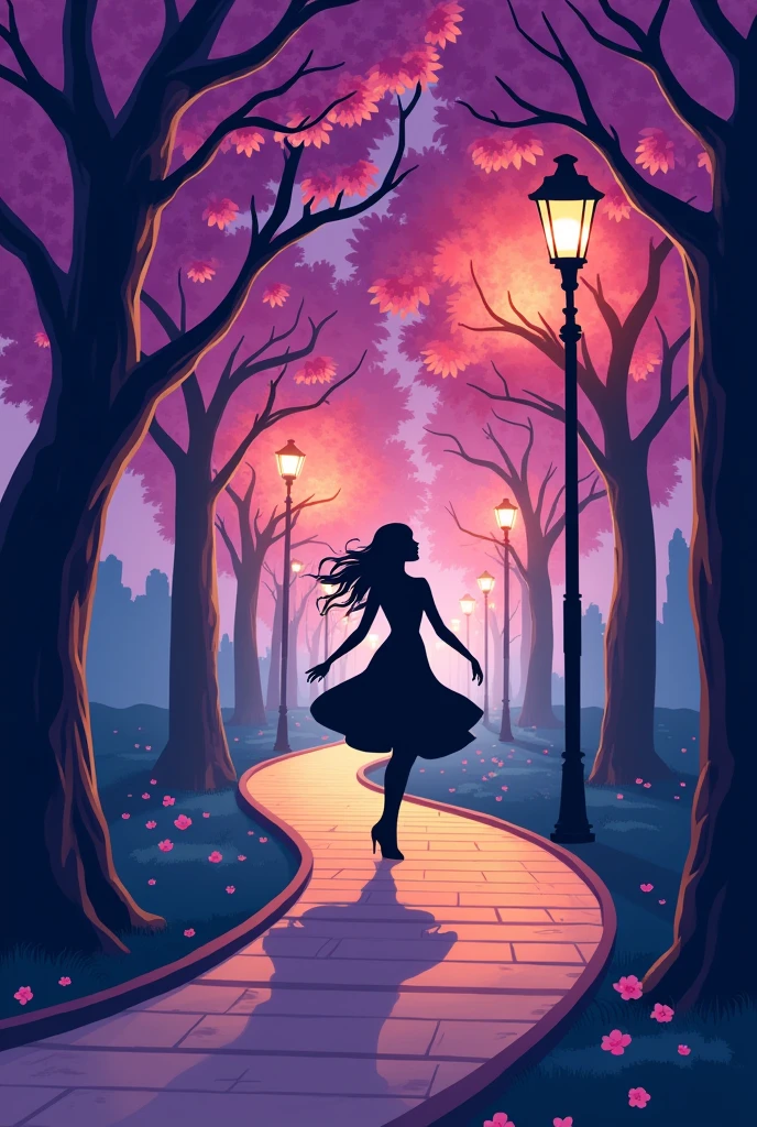 LOGO FOR RESTAURANT WITH THE WORD BOULEVARD make a path with purple leaf trees that looked like cherry trees with streetlights and the word boulevard and the BLACK shadow of a young woman dancing with the word BOULEVARD