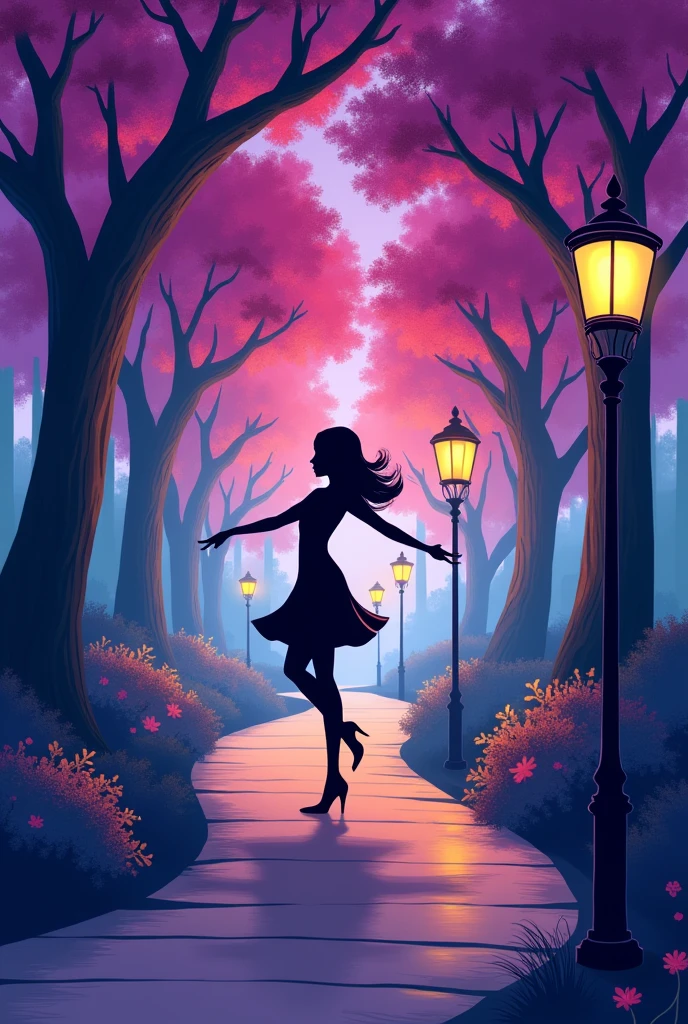 LOGO FOR RESTAURANT WITH THE WORD BOULEVARD make a path with purple leaf trees that looked like cherry trees with streetlights and the word boulevard and the BLACK shadow of a young woman dancing with the word BOULEVARD