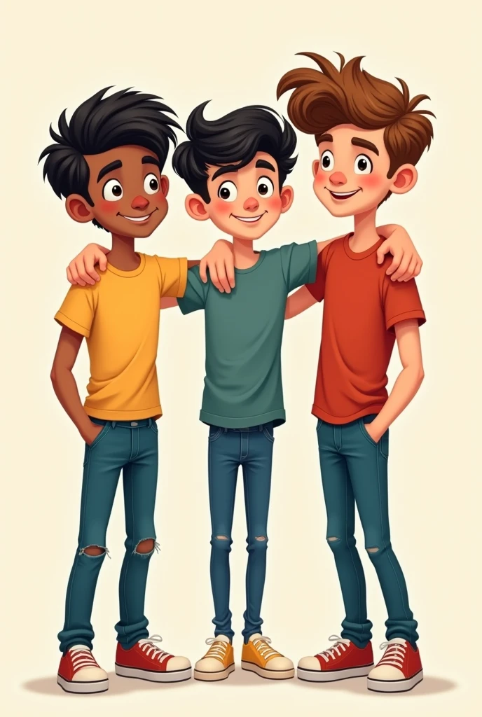 create 3 AGE boys with brown and black hair in cartoon shape looking forward