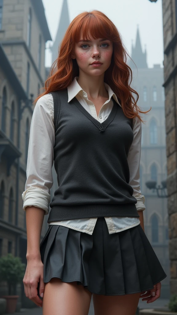 An illustrated movie poster, hand-drawn, full color,(emwats0n:0.99),( a age Hogwarts student:1.4) ,(falda student corto plomo :1.4), (hogwarts school uniform:1.4), 18-years-old, female, wearing a charcoal vest and a pleated skirt, athletic hourglass figure, full wide hips, massive round butt, long shapely legs, ridiculously thick powerful thighs, vibrant eyes, deep dark auburn hair, thick shaggy bangs, flushed sun-kissed complexion, freckles, resembles Genevieve O'Reilly, standing in a foggy Hogwarts courtyard, surrounded by mist, graphite shading, stencil marks, airbrushed acrylic paint, masterpiece, close-up shot, in the style of the Deathly Hallows, high quality, (RAW photo, best quality), (realistic, photorealistic: 1.4), (extremely delicate and beautiful: 1.4), amazing, fine details, masterpiece, ultra detailed, high resolution, best illustration, best shadow, intricate, ( extremely intricate: 1.2), (exquisitely detailed skin), cinematic light, perfect anatomy, (cool color: 1.4), sharp focus, 8k UHD, DSLR, (Fujifilm XT3),(iluminación cinematográfica :1.4),( Hermione Granger:1.4), (Emma Watson: V2.1), (ojos de Emma Watson:1.5), (hogwarts school uniform:V2.1)
