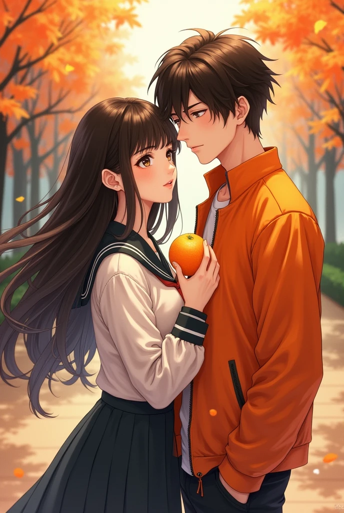 A white age Asian woman with long black hair with a beautiful face in a school uniform holding an orange and a white Asian man with brown hair wearing an orange jacket.