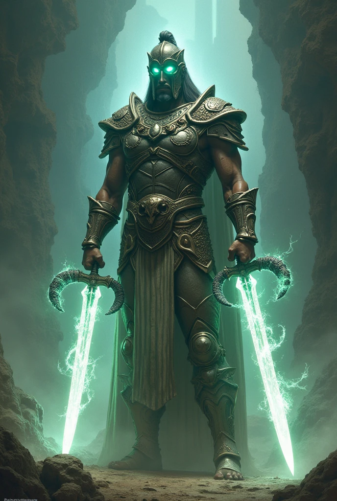 A Greek warrior with a white light sword and a dark aura magic whip, an armor with eyes and a dark magical black whip with a slightly green aura, unlimited, The sword is white and the whip is more magical, like some magic black ties
