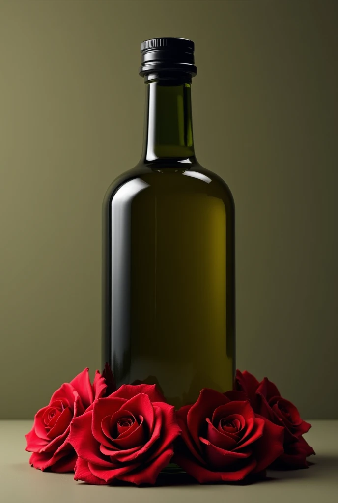 A bottle of dark olive oil, cylindrical in shape with a base that is smaller than the top and a narrow, short neck with a black screw-on lid. Make some red roses at the bottom, keeping the same style as the bottle.