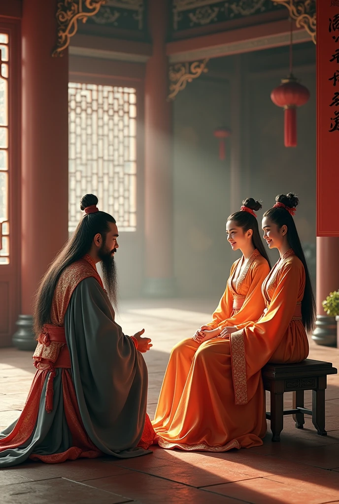 
Two young women dressed in traditional Chinese clothing sit on a stool and Guan Yu with a beard kneels and talks in an ancient Chinese palace.
