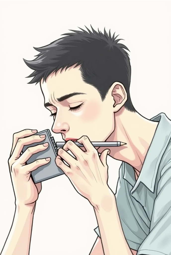 Generate a drawing of a pencil sharpener being held between the chin and the neck, only one hand is sharpening a pencil with that sharpener that is between his chin and neck. Let the pencil sharpener be a simple one, silver manual.. Let it be drawing style. That the pencil is inside the sharpener, The sharpener is small and does not have any compartment for pencil waste.. You can see the bend he makes with his head to hold it.