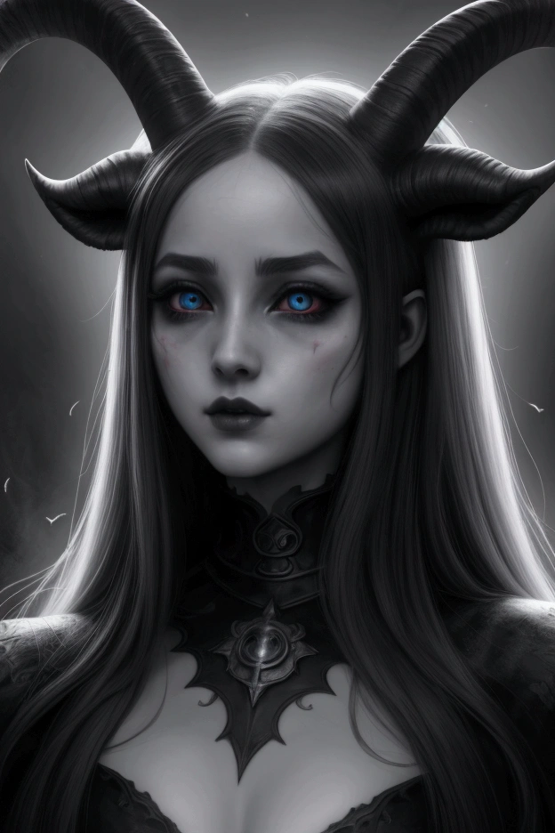 a anime baphomet girl, beautiful detailed eyes, beautiful detailed lips, extremely detailed face and features, long eyelashes, horns, goat-like ears, surreal, dark fantasy, dark gothic, occult, supernatural, chiaroscuro lighting, moody atmosphere, rich colors, dramatic lighting, muted colors, digital painting, cinematic, 8k, hyper detailed, intricate details, masterpiece