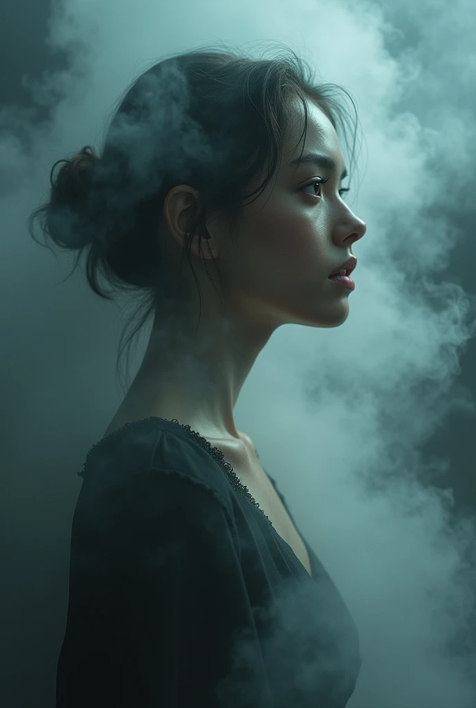 Half-length photograph of a young woman looking to the right., It is caused by swirling smoke and vapor., Peter Lindbergh&#39;s Style, complicated artwork masterpiece, ominous, golden ratio, Trending on CGSociety, complicated, epic, Trending on artstation, by artgerm, Highly detailed, lively, Production of character performances in cinemas, Extremely high quality model