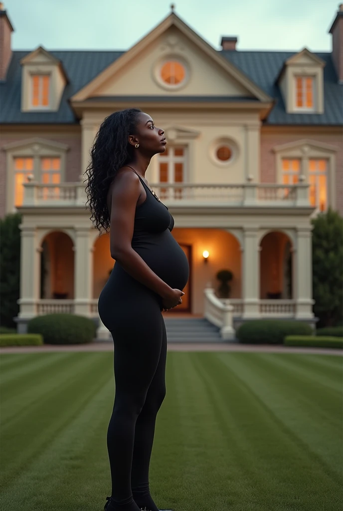  With shocked, Generate an image of a gorgeous black curvy skinny beautiful lady looking pregnant standing in front of a luxury house with her face up looking at the building infront of her