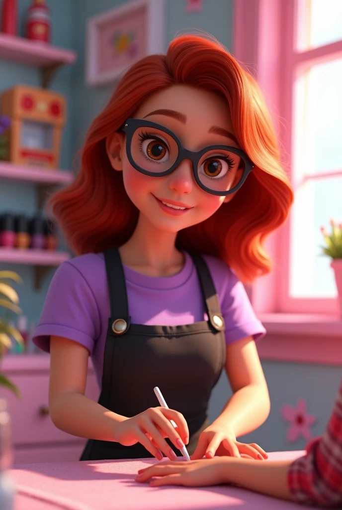 Pixar style image, Light brown skinned girl with shoulder length wavy ruby red hair , with glasses. Purple T-shirt and black apron. Manicurist 