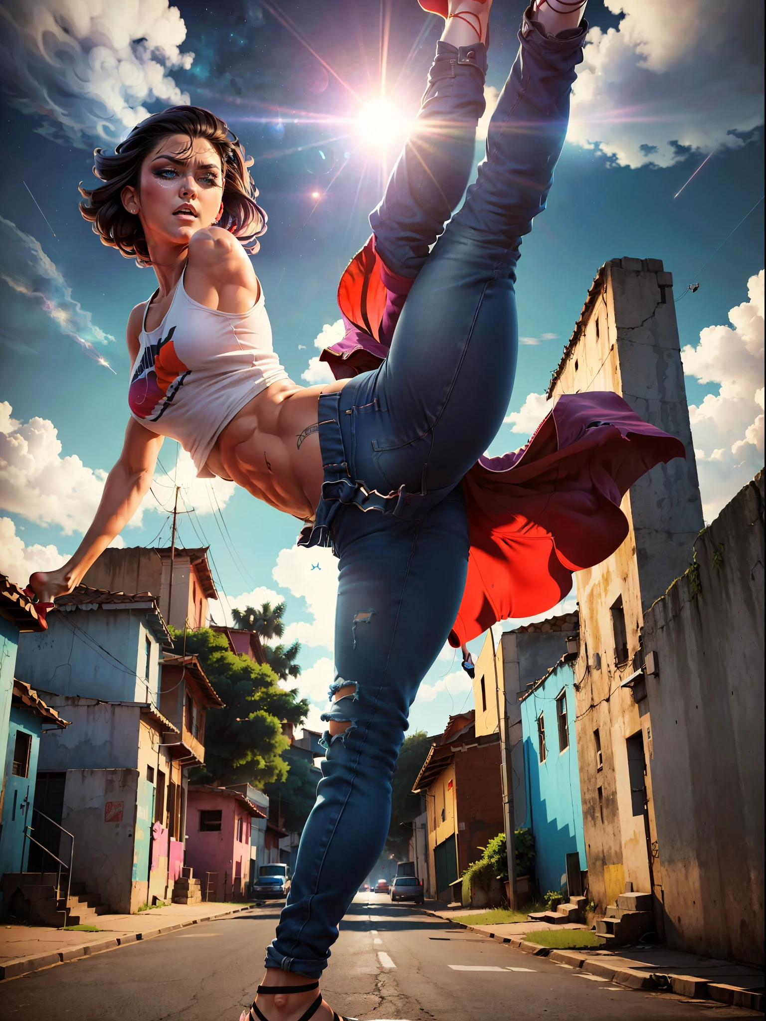 Very aesthetic inkpunk illustration, Alison Tyler, (((standing high kick with one foot touching the ground and the other foot pointing at the heavens))), sentada em uma cadeira simples, corpo inteiro, separated-lips, ,(((jaqueta de couro preta com rebites))) , ripped jeans, camiseta branca, , fundo da parede com graffiti, Arte por Mschiffer