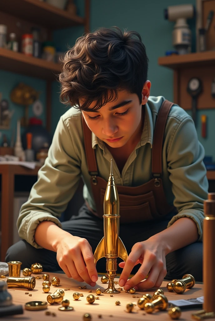 Pedro, now , is in his room, surrounded by tools and construction materials. He is assembling a rocket model made of brass and wood. The room is messy, with pieces everywhere. Pedro is focused, frowning as he adjusts a piece.