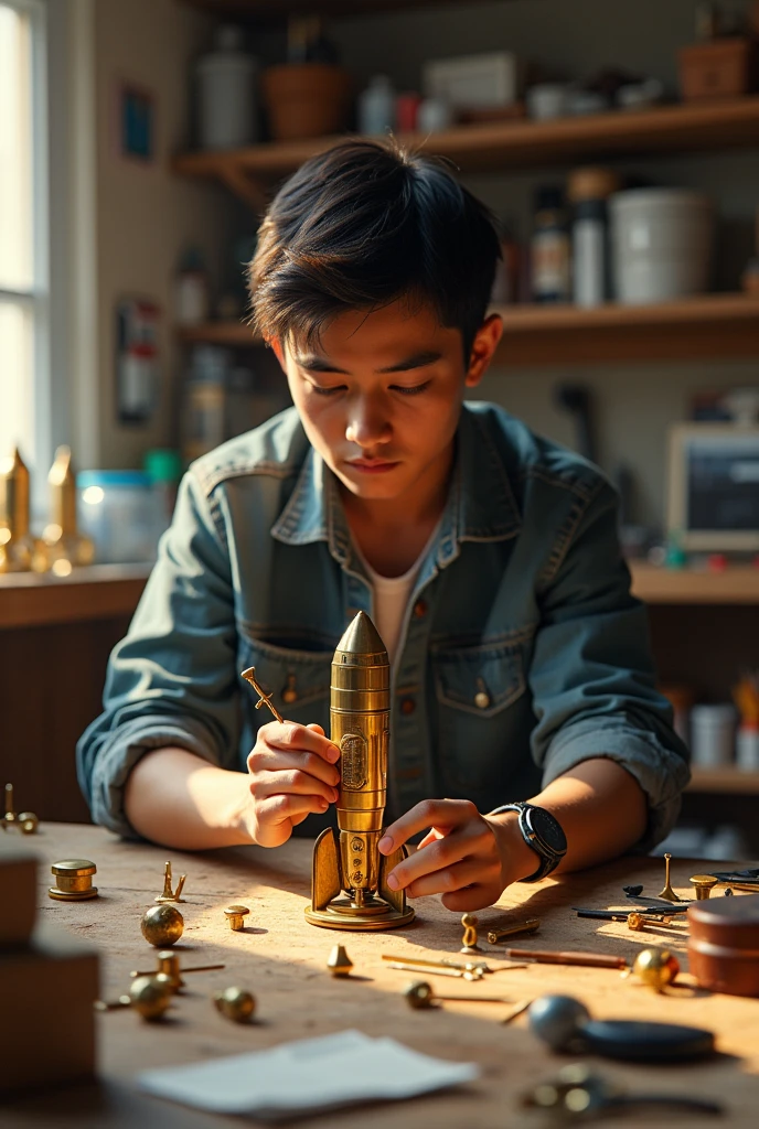 Pedro, now , is in his room, surrounded by tools and construction materials. He is assembling a rocket model made of brass and wood. The room is messy, with pieces everywhere. Pedro is focused, frowning as he adjusts a piece.