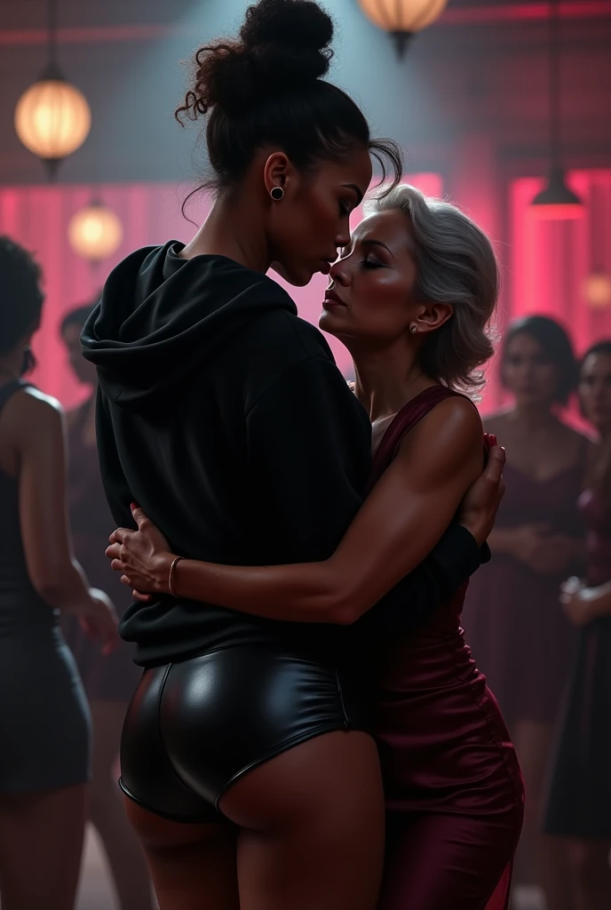 black woman hair in a bun black hoodie black leather short shorts old ugly woman short hair in mans clothes behind her squeezing her cheeks in clubb