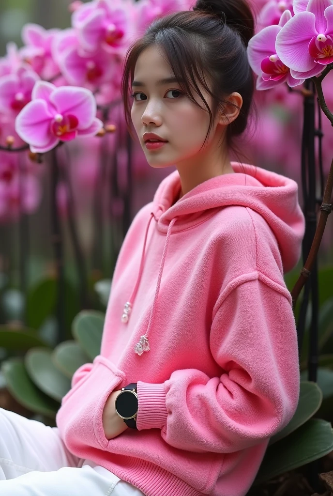 a beautiful Indonesian woman, smooth white skin, well-groomed face,hair in a bun , Korean road, ,wearing a bright pink knitted hoodie, brand name (feel ) celana kargo coklat, Modern style. Lots of pockets,black watch, white shoes, Sitting pose, next to the bright pink orchid flowers. which flowers beautifully and thickly. The background of the beautiful orchid flower garden is very amazing .Realistic original photo