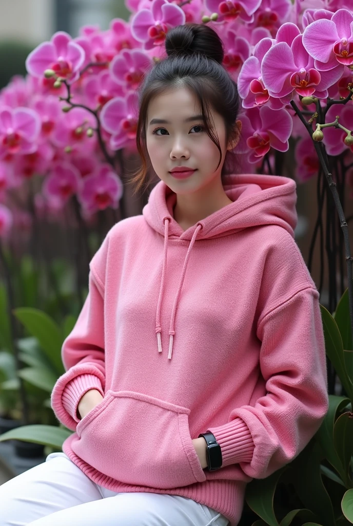 a beautiful Indonesian woman, smooth white skin, well-groomed face,hair in a bun , Korean road, ,wearing a bright pink knitted hoodie, brand name (feel ) celana kargo coklat, Modern style. Lots of pockets,black watch, white shoes, Sitting pose, next to the bright pink orchid flowers. which flowers beautifully and thickly. The background of the beautiful orchid flower garden is very amazing .Realistic original photo