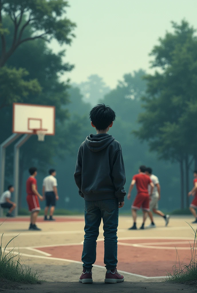 Lonely student outside the court watching others play basketball