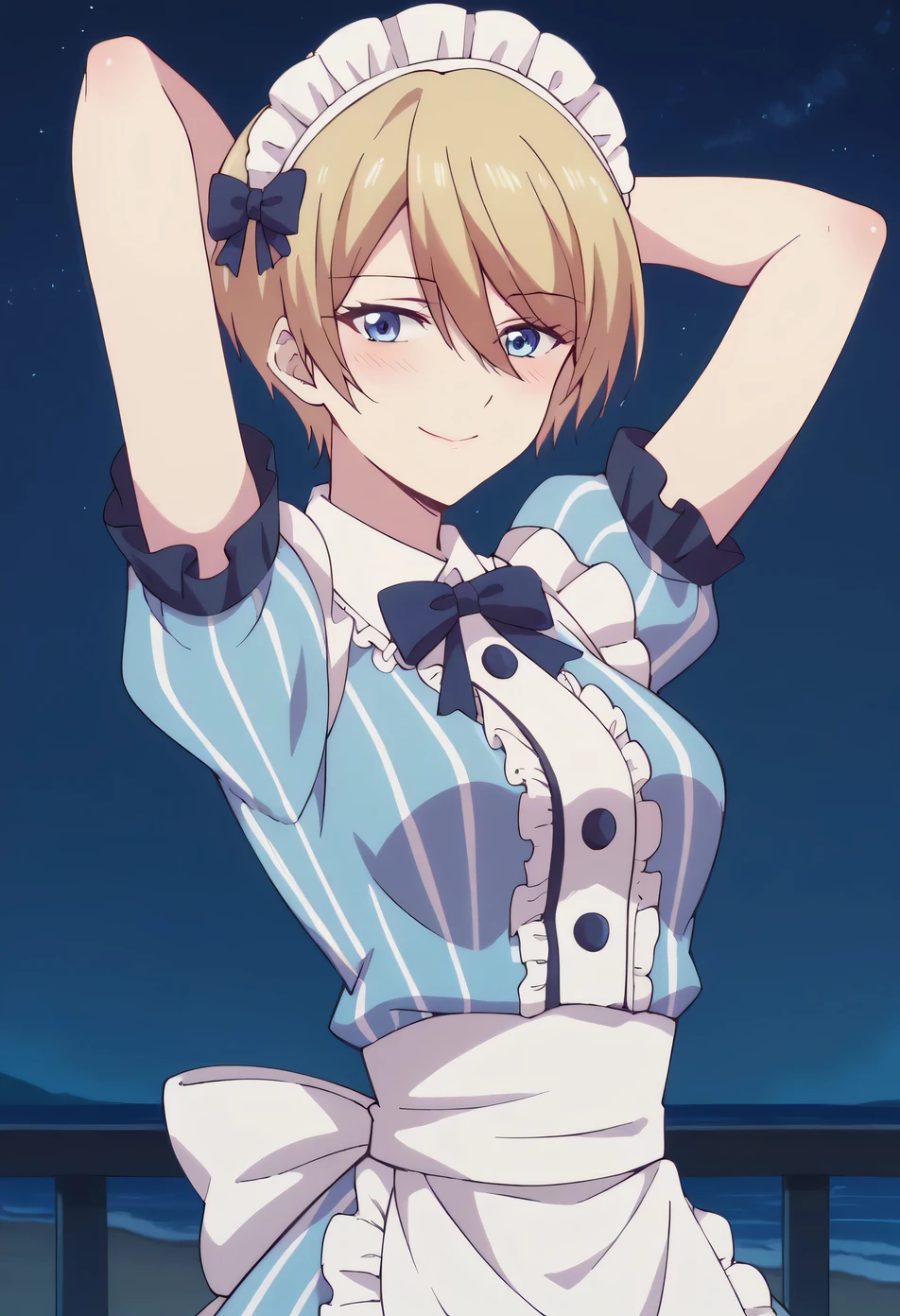 akane hououji, pixie cut, short hair, bangs, blue eyes, blonde hair, hair between eyes, dress, bow, short sleeves, frills, striped, apron, maid, maid headdress, blue dress, waist apron, white apron, vertical stripes, high quality, solo, blushing, night sky, beach, arms behind head, medium breast, contrapposto, closed mouth, spread armpits, cowboy shot, looking at viewer, smile, best quality,