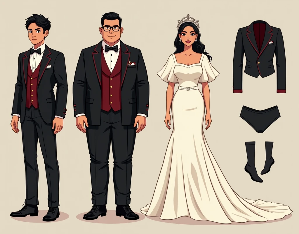 Create a groom's attire. A black suit with burgundy outlining, with white long sleeve and burgundy vest and burgundy necktie and black pants with black shoes. The suit is for a 5feet filipino large male, 80kilograms weight and light brown skin with black eyeglasses.

Together is a bride wedding gown. An off white puff sleeve square neck mermaid mikado dress for a 5feet filipina.