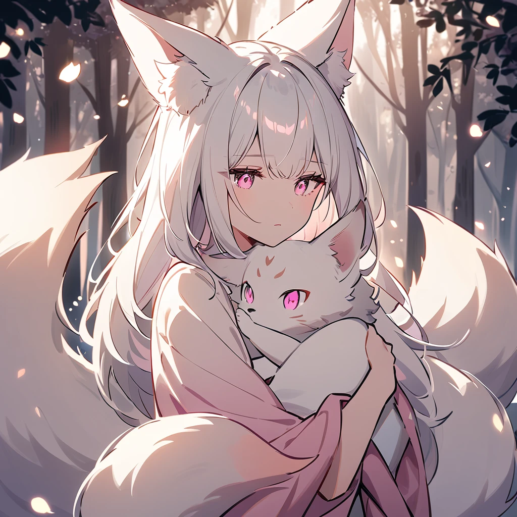 An illustration of a kitsune with long white hair and pink eyes, looking slightly to the side with a distrustful expression. She is holding a baby kitsune with similar white hair and pink eyes in her arms. The setting is a soft, mystical forest with gentle light coming through the trees. The colors are light and pastel, with a dreamy and gentle atmosphere, fantasy style, simple lines, and soft shading.