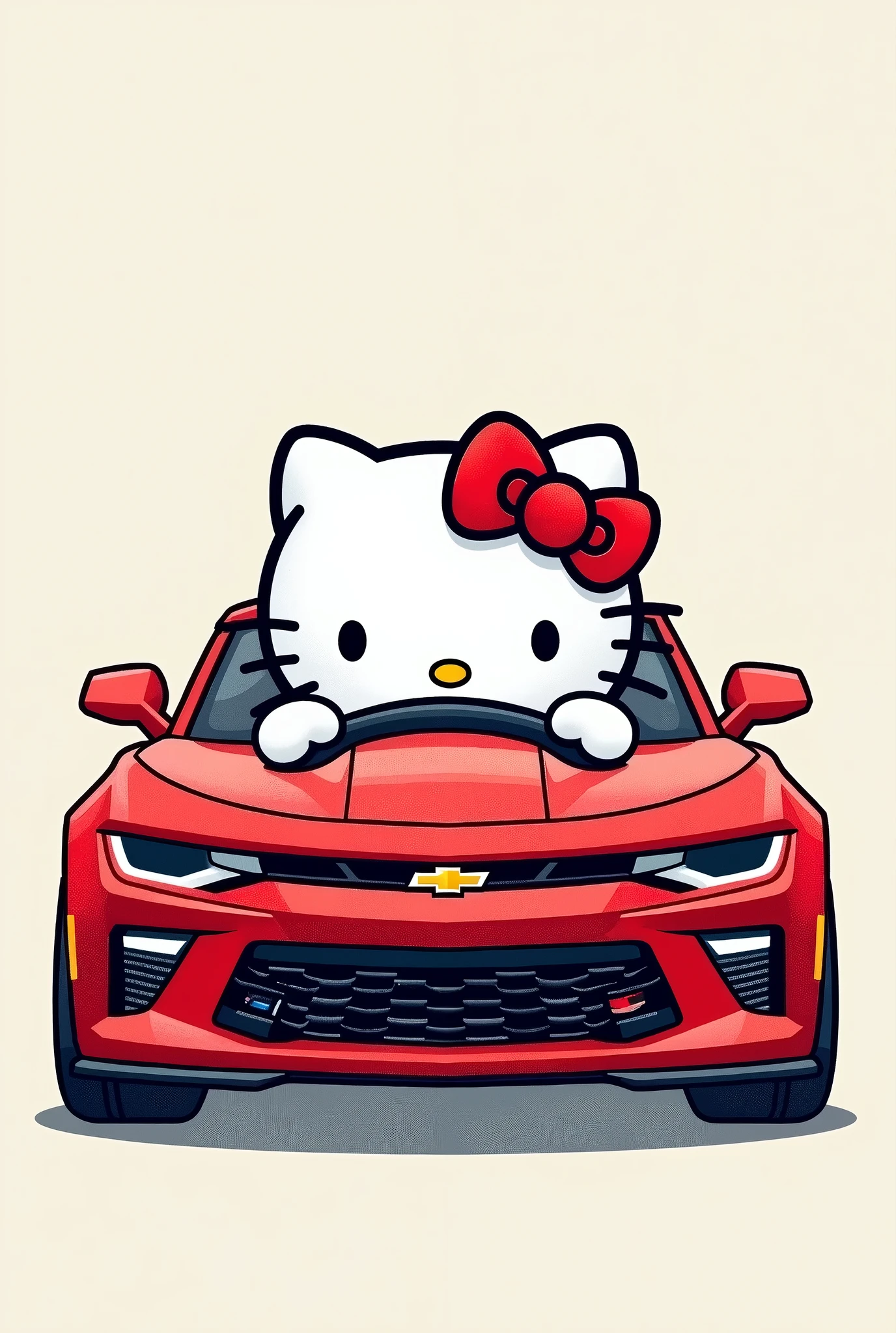 A graduated hello kitty, driving a chevrolet camaro That the image is cartoon-like and not so realistic since it is for embroidery on fabric Without details, Let it be a flat image Let the car be a Chevrolet Camaro Remove the background and leave it a base color