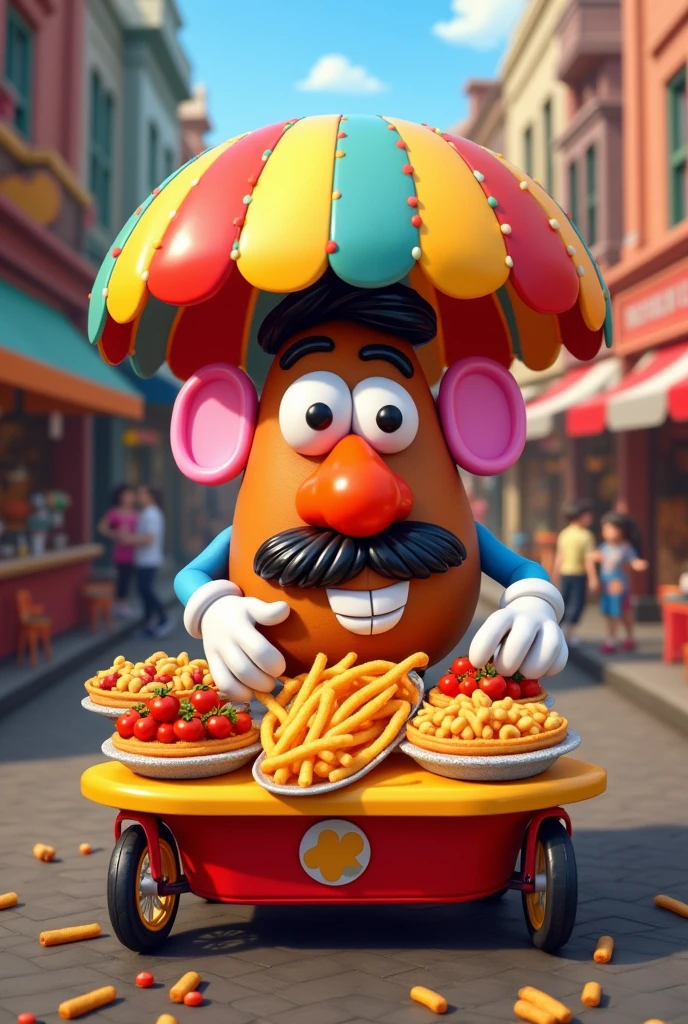 Mr. Potato Head cooking crazy fries on a food cart