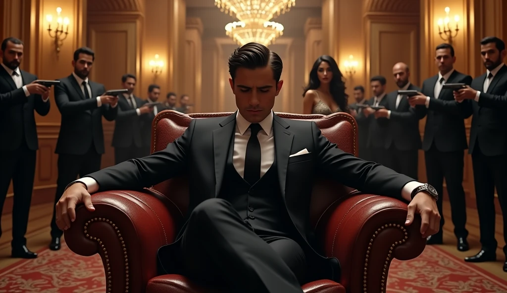 Visual Description:
Central Figure: A strong, handsome, and young Mafia Boss exuding confidence, sitting on a luxurious boss chair. He is dressed in an elegant suit that radiates authority and power.
Background Figure: Behind the Mafia Boss stands a beautiful woman, embodying grace and sophistication. Her presence adds an air of mystery and allure to the scene.
Second Role: Next to the woman, a second character representing the Mafia Boss in simple clothes. This character contrasts with the boss's opulent appearance, hinting at the duality of his life.
Background Setting: The backdrop features a grand, luxurious bungalow with a regal ambiance. The scene is filled with numerous men dressed in black suits, each holding a gun, emphasizing the power and influence surrounding the Mafia Boss.
Style: Dramatic and intense, with a focus on the Mafia Boss's dominant posture and the luxurious setting, creating a sense of intrigue and suspense.