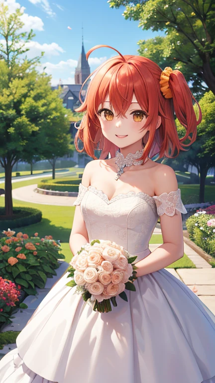 masterpiece, best quality, highres, aaritsuka, short hair, ahoge, hair scrunchie, orange scrunchie, smile, city, garden, wedding dress, off the shoulder