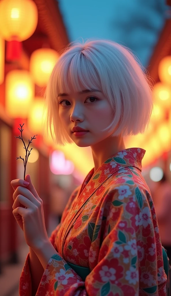 "A close-up of a young woman with short white hair, wearing a colorful kimono with glowing floral patterns. She is standing in a night festival setting, with warm, glowing lanterns hanging around. The background is slightly blurred with soft bokeh lights, creating a dreamy and serene atmosphere. The woman is smiling gently, holding a small stick in her hand, and the lighting accentuates her delicate features