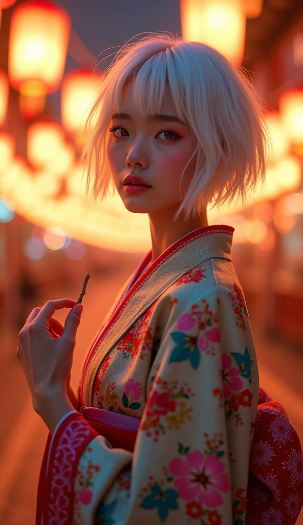 "A close-up of a young woman with short white hair, wearing a colorful kimono with glowing floral patterns. She is standing in a night festival setting, with warm, glowing lanterns hanging around. The background is slightly blurred with soft bokeh lights, creating a dreamy and serene atmosphere. The woman is smiling gently, holding a small stick in her hand, and the lighting accentuates her delicate features