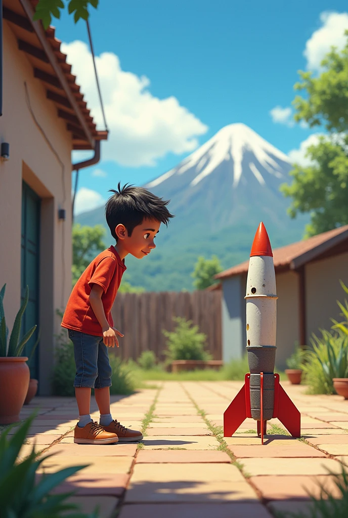 Pedro is in the courtyard of his house, ready to test its first rocket model. The rocket, small and rudimentary, It is placed on the ground on an improvised platform. Pedro leans forward to turn it on, with a mix of excitement and nervousness. The sky is clear, and the Misti is seen in the distance.