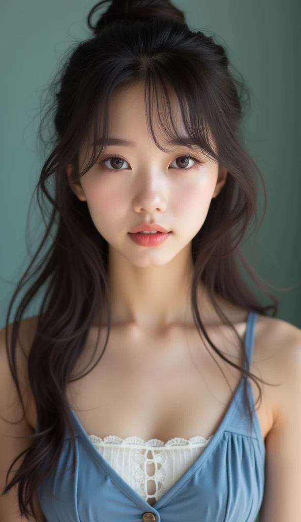 raw photo, real photo, 18yo, Beautiful clear eyes, unique, individual, distinctive face, real skin, Bare skin, slightly open mouth, high school uniform, (cleavage, fascinating chest), lovely, neat, calm, happy, innocent, peaceful, soothing, youthful, irreplaceable, (Ultra-high resolution, 8k, Extremely high resolution, Super fine skin texture),