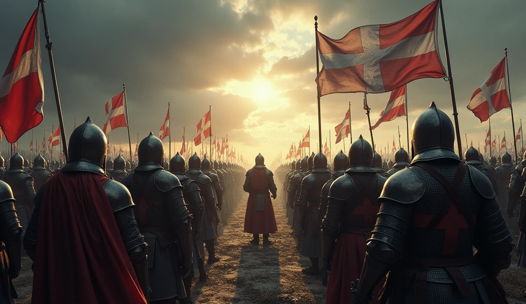 In a dramatic, shadow-filled landscape, English troops assemble for the imminent military campaign. The scene is set at dawn, with the first light casting long shadows across a rugged terrain. Soldiers, clad in steel armor and chainmail, stand in disciplined rows, their expressions a mix of steely resolve and anxious anticipation. Banners and standards bearing the English cross flutter in the cold morning breeze, their vivid reds and whites stark against the muted grays of the battlefield. The camp is abuzz with activity: blacksmiths forge weapons, horses are saddled, and strategists confer in hushed tones. The dark clouds above hint at an impending storm, adding a foreboding atmosphere to the scene. The entire composition, with its rich textures and intense contrasts, evokes the monumental and somber onset of the Hundred Years' War, rendered in the evocative style of Edmund Blair Leighton., Surrealism, Hyperrealism, UHD, retina, masterpiece, accurate, anatomically correct, textured skin, super detail, 16k