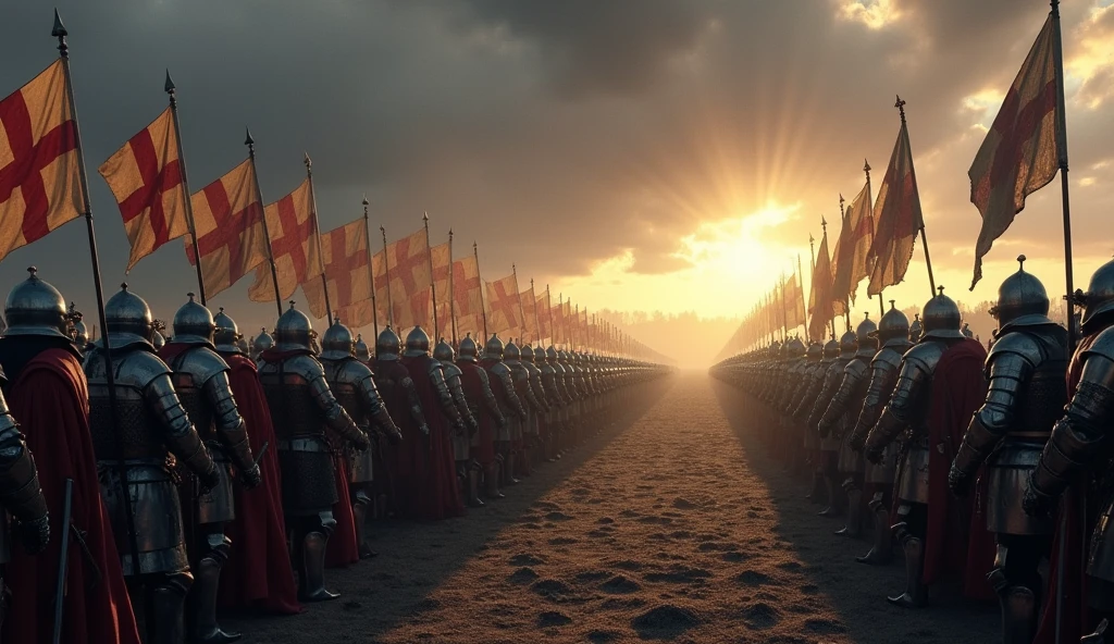 In a dramatic, shadow-filled landscape, English troops assemble for the imminent military campaign. The scene is set at dawn, with the first light casting long shadows across a rugged terrain. Soldiers, clad in steel armor and chainmail, stand in disciplined rows, their expressions a mix of steely resolve and anxious anticipation. Banners and standards bearing the English cross flutter in the cold morning breeze, their vivid reds and whites stark against the muted grays of the battlefield. The camp is abuzz with activity: blacksmiths forge weapons, horses are saddled, and strategists confer in hushed tones. The dark clouds above hint at an impending storm, adding a foreboding atmosphere to the scene. The entire composition, with its rich textures and intense contrasts, evokes the monumental and somber onset of the Hundred Years' War, rendered in the evocative style of Edmund Blair Leighton., Surrealism, Hyperrealism, UHD, retina, masterpiece, accurate, anatomically correct, textured skin, super detail, 16k