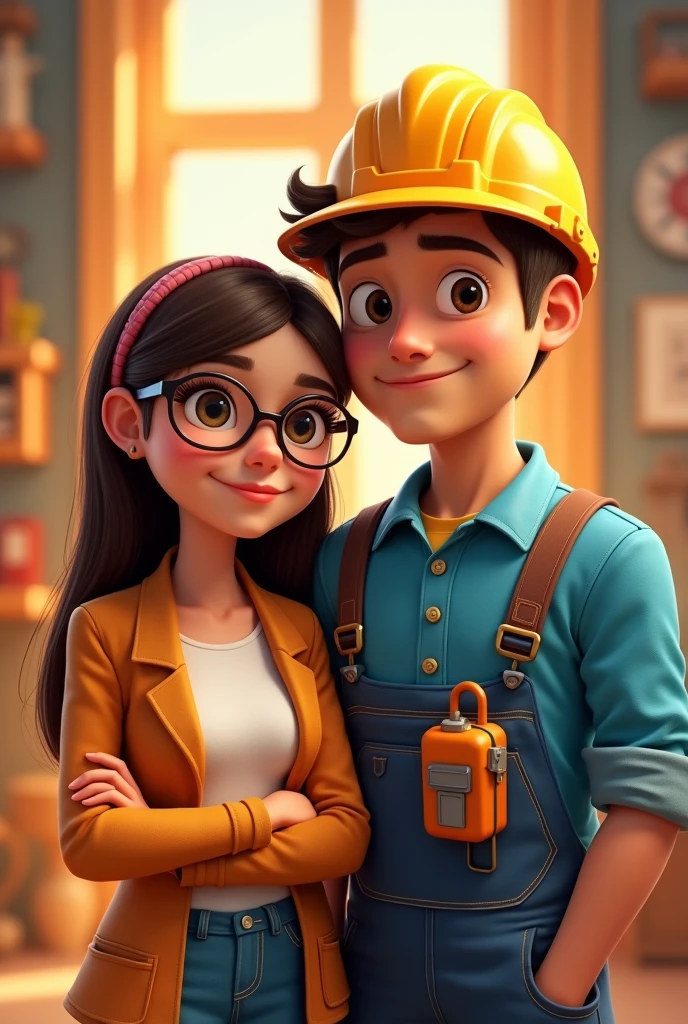 Couple in pixar mode, woman by profession auditor, with glasses, straight brown hair and electrician technician man , mestizo brown skin